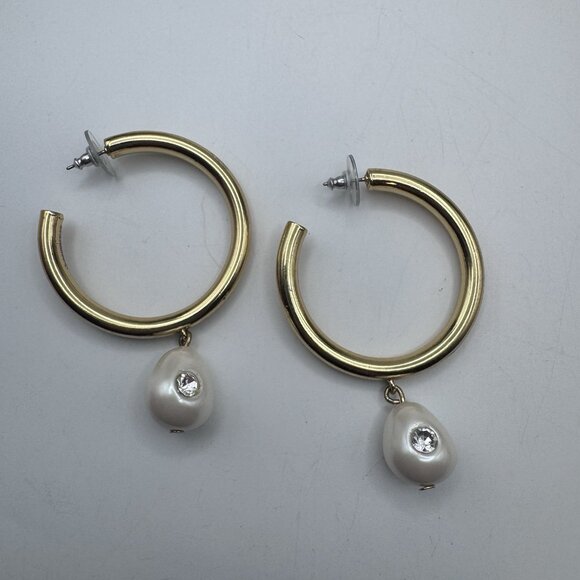 Baublebar White faux pearl dangle hoop earrings with intricate rhinestone center - Picture 1 of 10